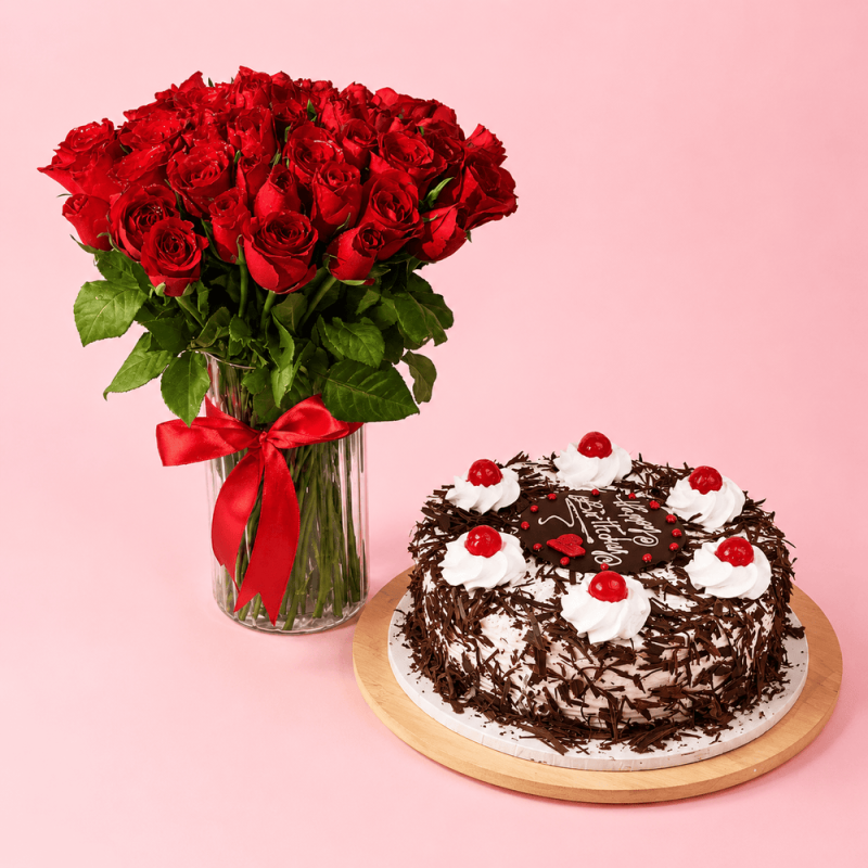 50 Red Roses in a Vase & Black Forest Cake