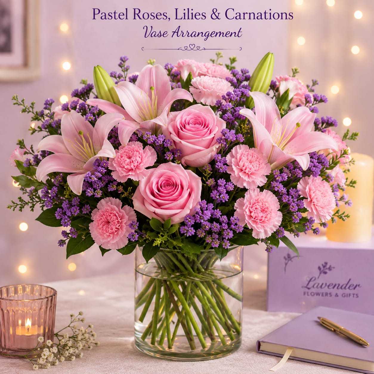 Pastel Roses, Lilies & Carnations Vase Arrangement