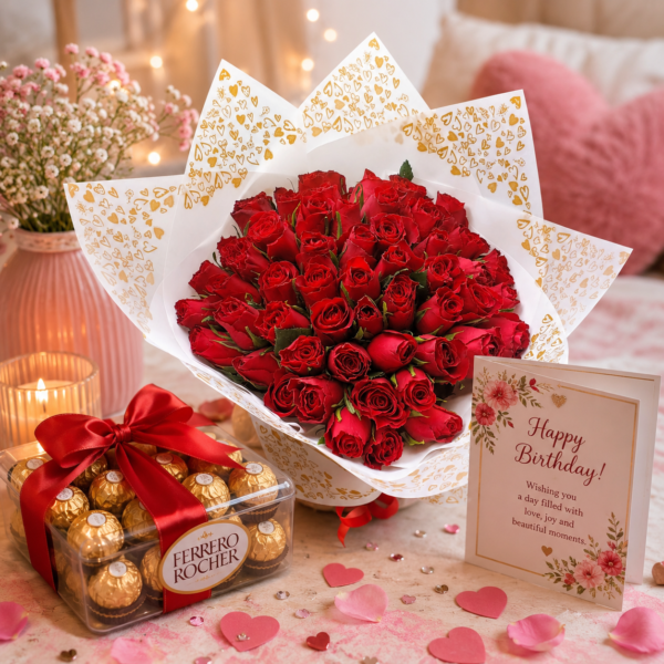Birthday Mojo, 60 Red Roses, Ferrero Rocher and Birthday Card