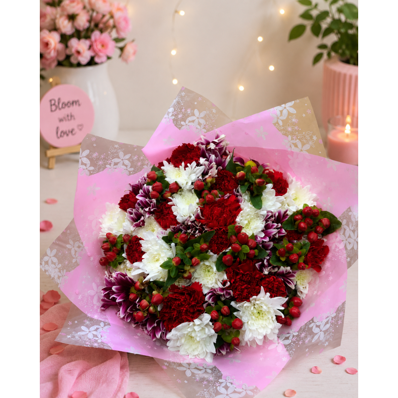 Red Carnation & white mums bouquet