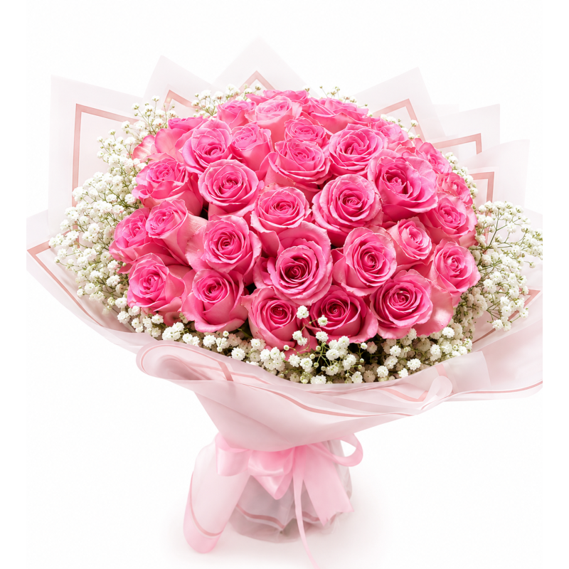Garden Blush – Baby Pink Rose & Baby's Breath Bouquet