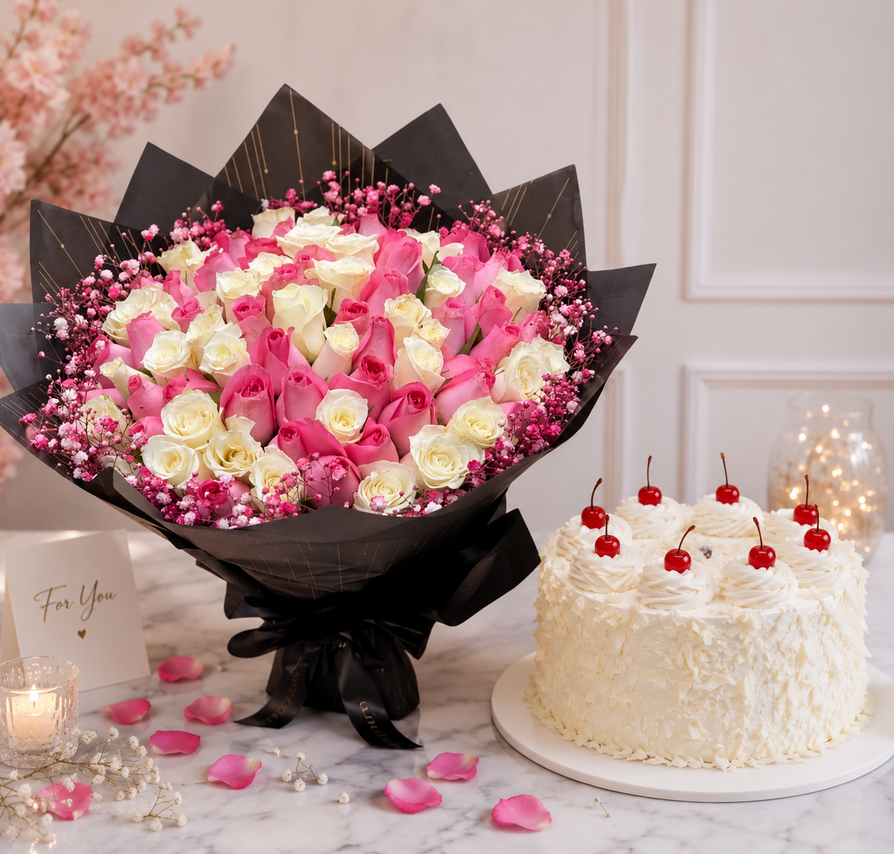 Pastel Blooms – Mixed  Pink & White Roses & Vanilla Cake