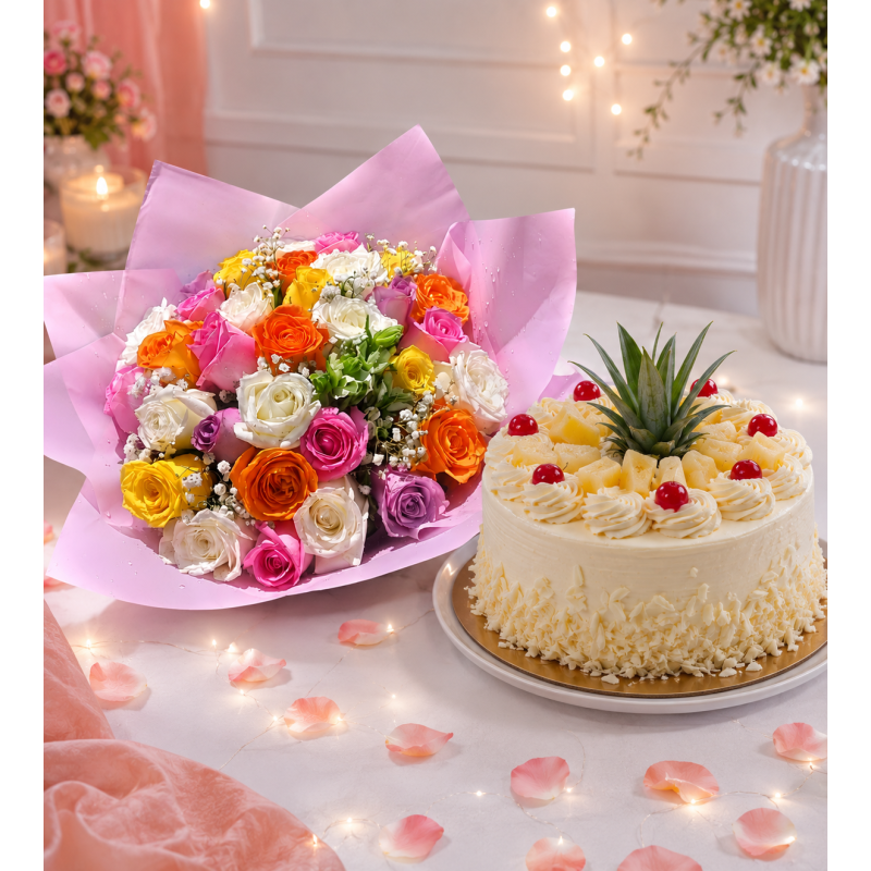 Pink Romance – Mixed Roses, Birthday Card & Pinacolada Cake birthday flowers in Nairobi