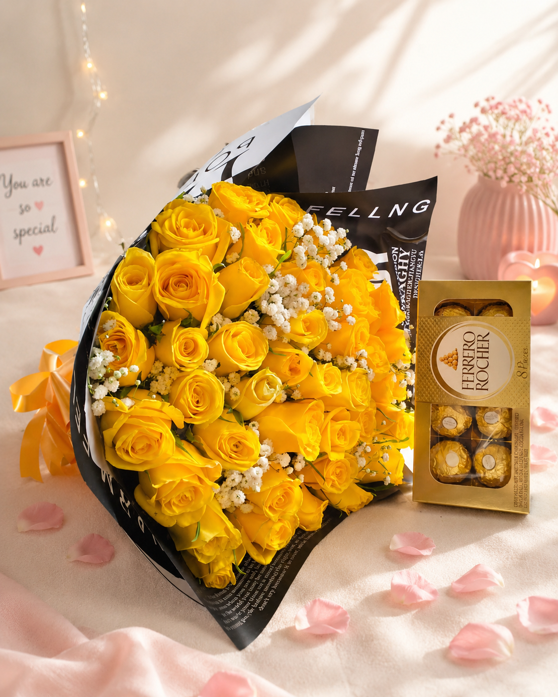 Sunshine & Sweets – Yellow Rose Bouquet & Chocolates