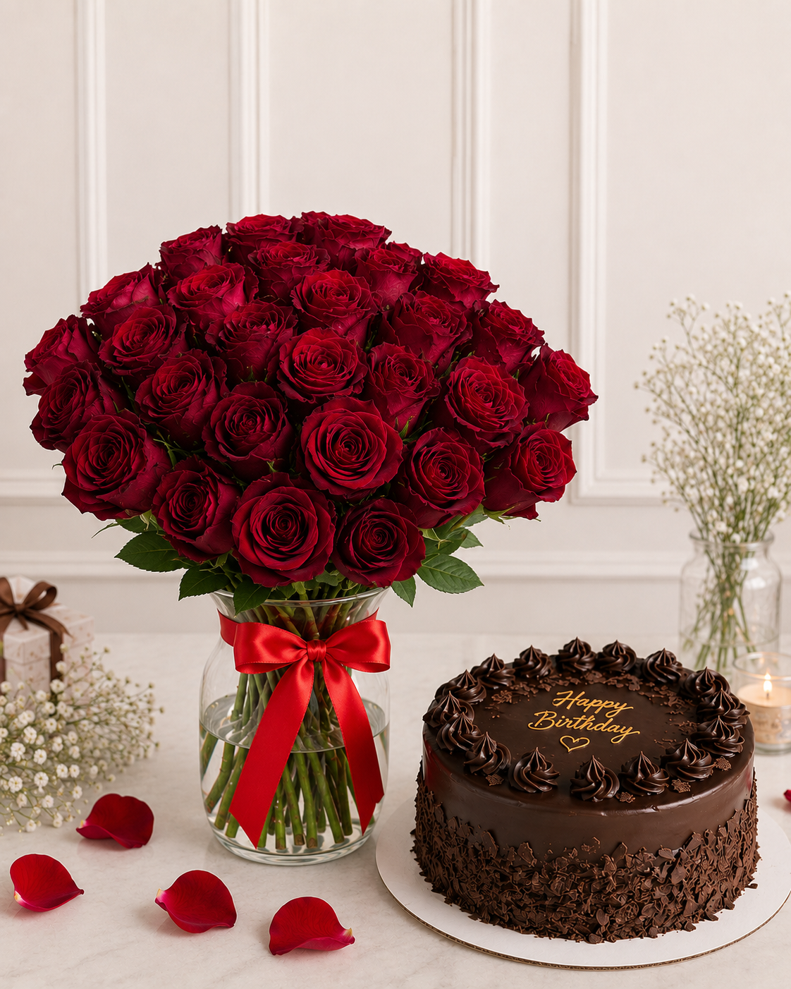 file_00000000992481f4bef75a61a8f6e197 50 Red Roses in a Vase & Black Forest Cake