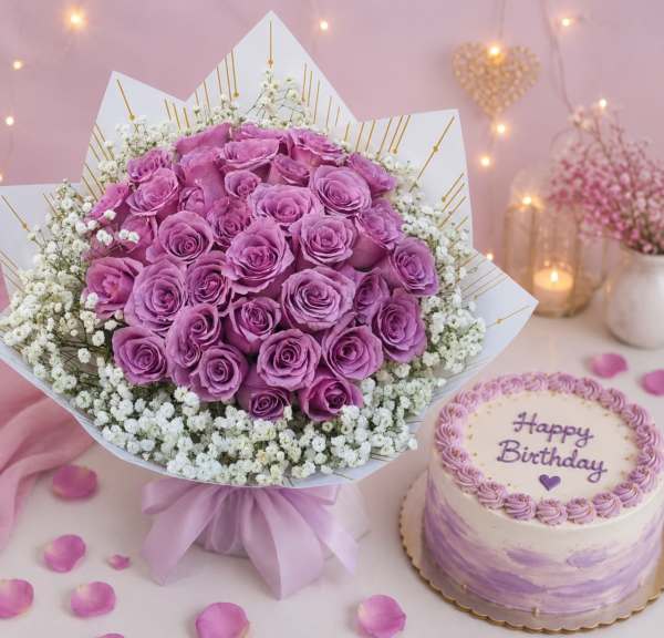 Lavender Garden – 50 Purple Roses, Baby's Breath & Vanilla Cake