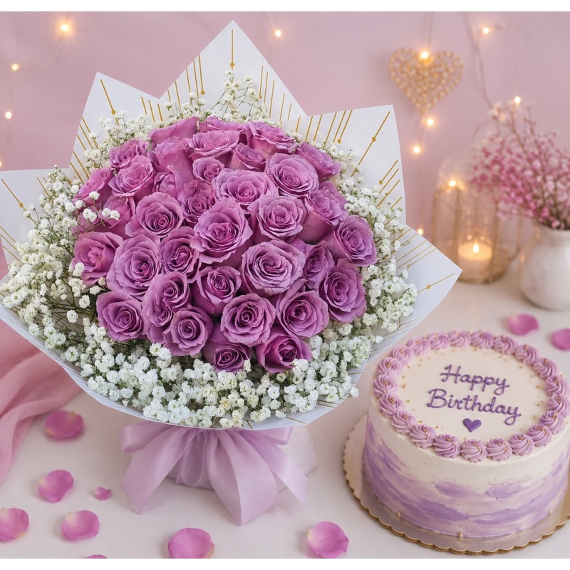 Lavender Garden – 50 Purple Roses, Baby's Breath & Vanilla Cake birthday flowers in Nairobi