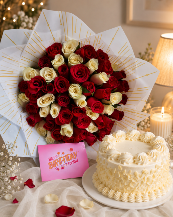 Red Romance – 90 Mixed Roses, Birthday Card & Pinacolada Cake