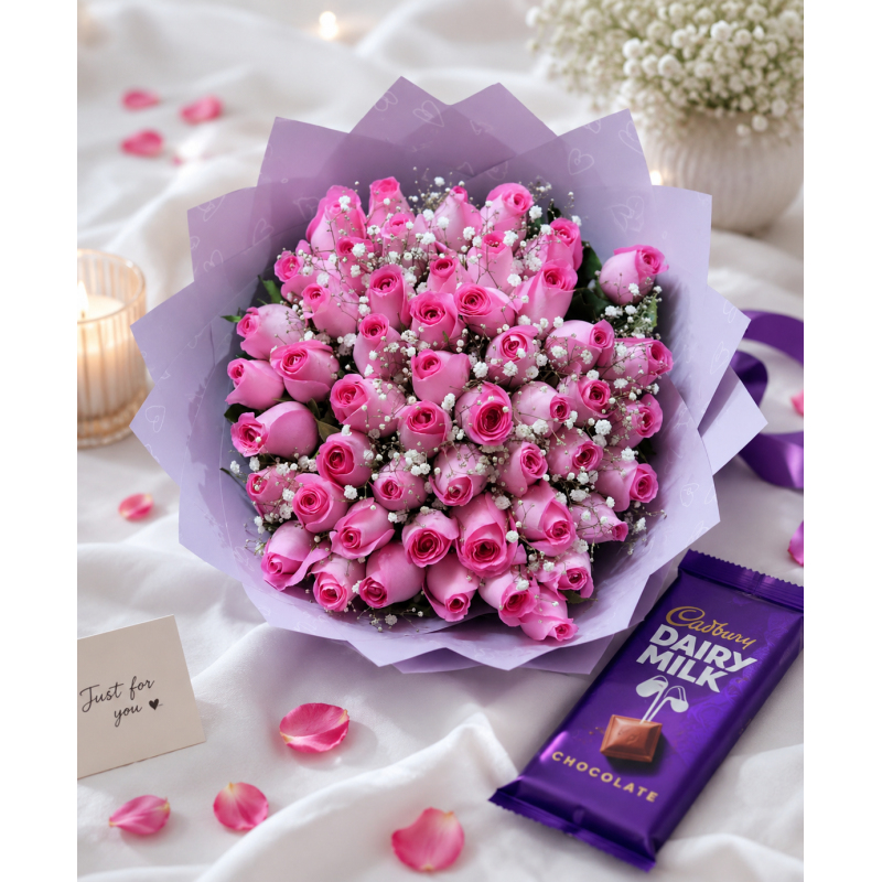 Pink Love– 60 Baby Pink Roses & Chocolates