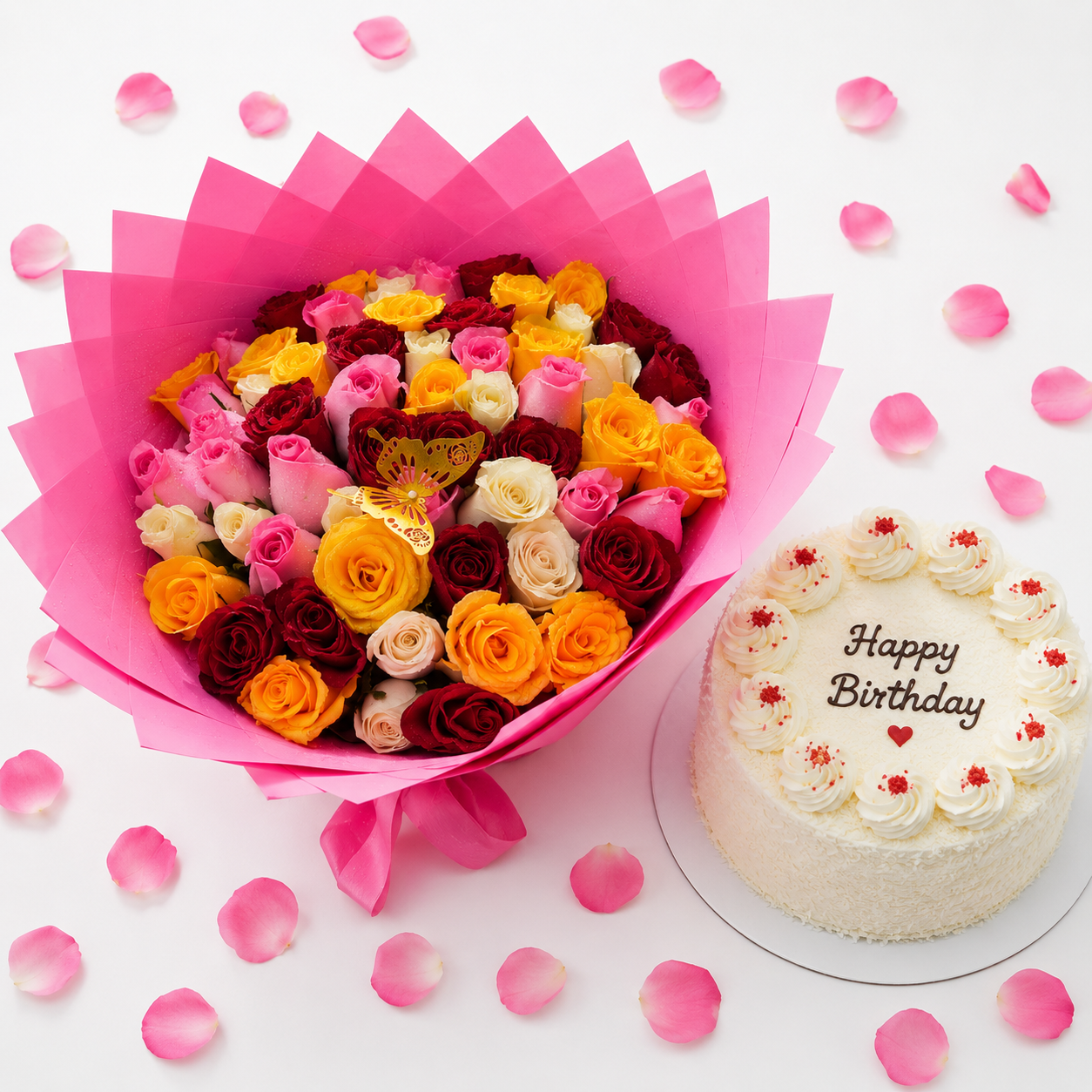 White Forest Delight – 60 Mixed Roses & White Forest Cake birthday flowers in Nairobi