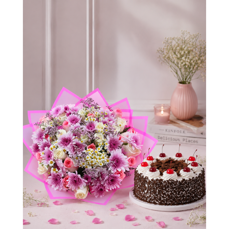 Pink Passion – Roses and mums combo with a 2kg Black Forest Cake birthday flowers in Nairobi