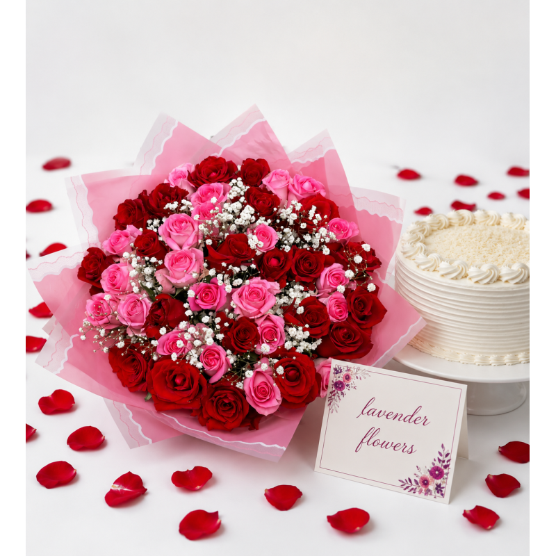 Pastel Blooms – Mixed Red and pink Roses & Vanilla Cake birthday flowers in Nairobi