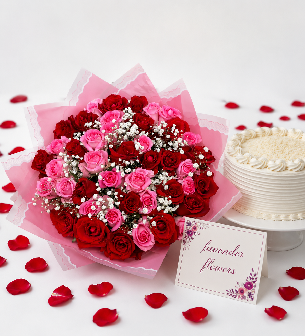 Pastel Blooms – Mixed Red and pink Roses & Vanilla Cake birthday flowers in Nairobi