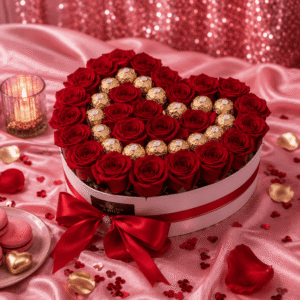 Hearted Chocolate, Red Roses and 16 Ferrero Rocher Heart Box with Red Ribbon