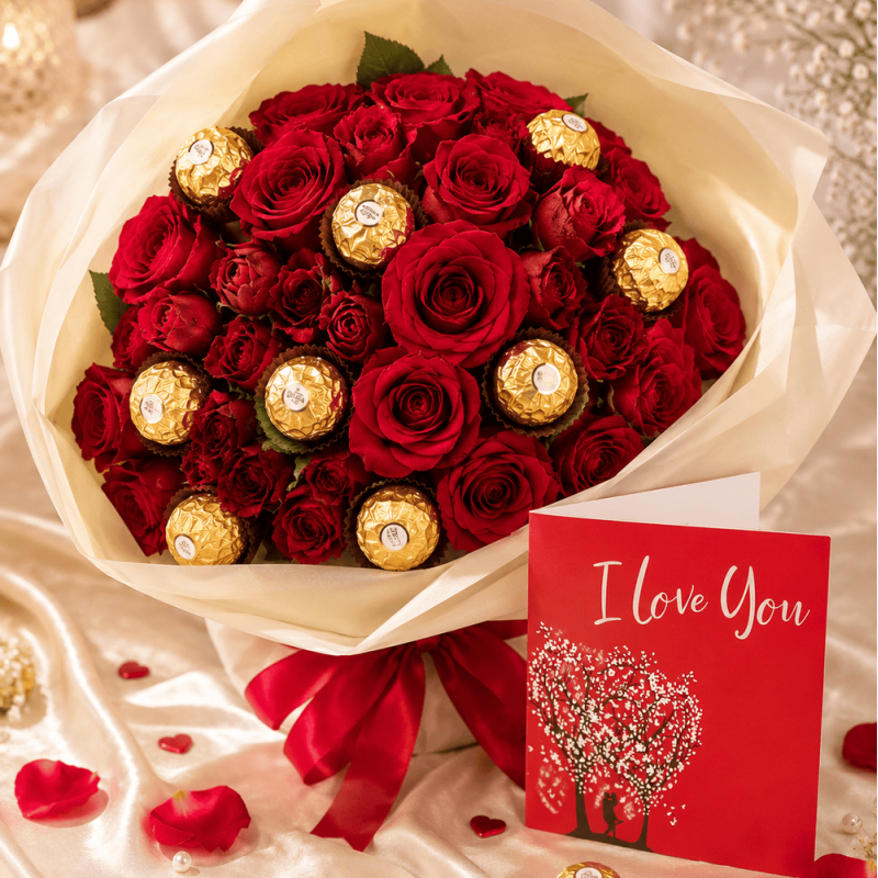 Meridian Love, Deep Red Roses and Ferrero Rocher Bouquet with Love Card