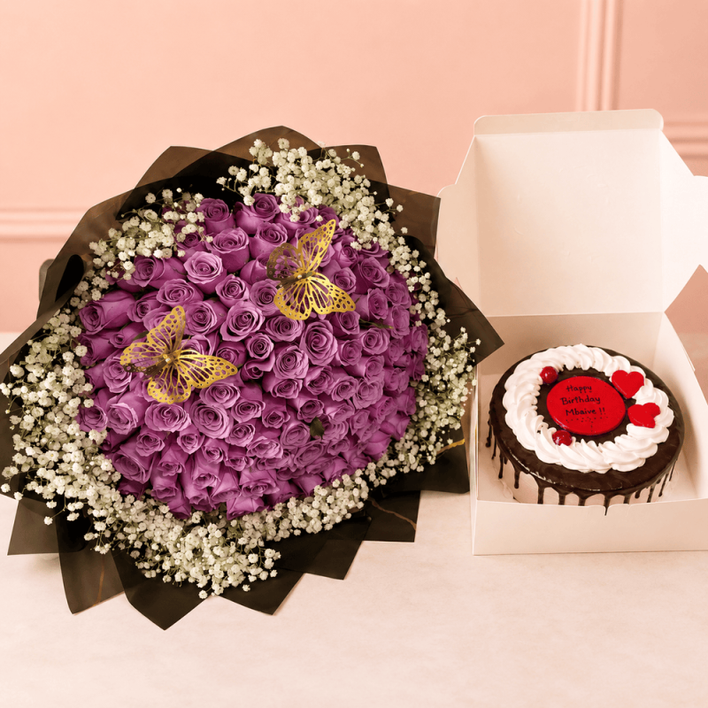Lavender Garden – 50 Purple Roses, Baby's Breath & Vanilla Cake