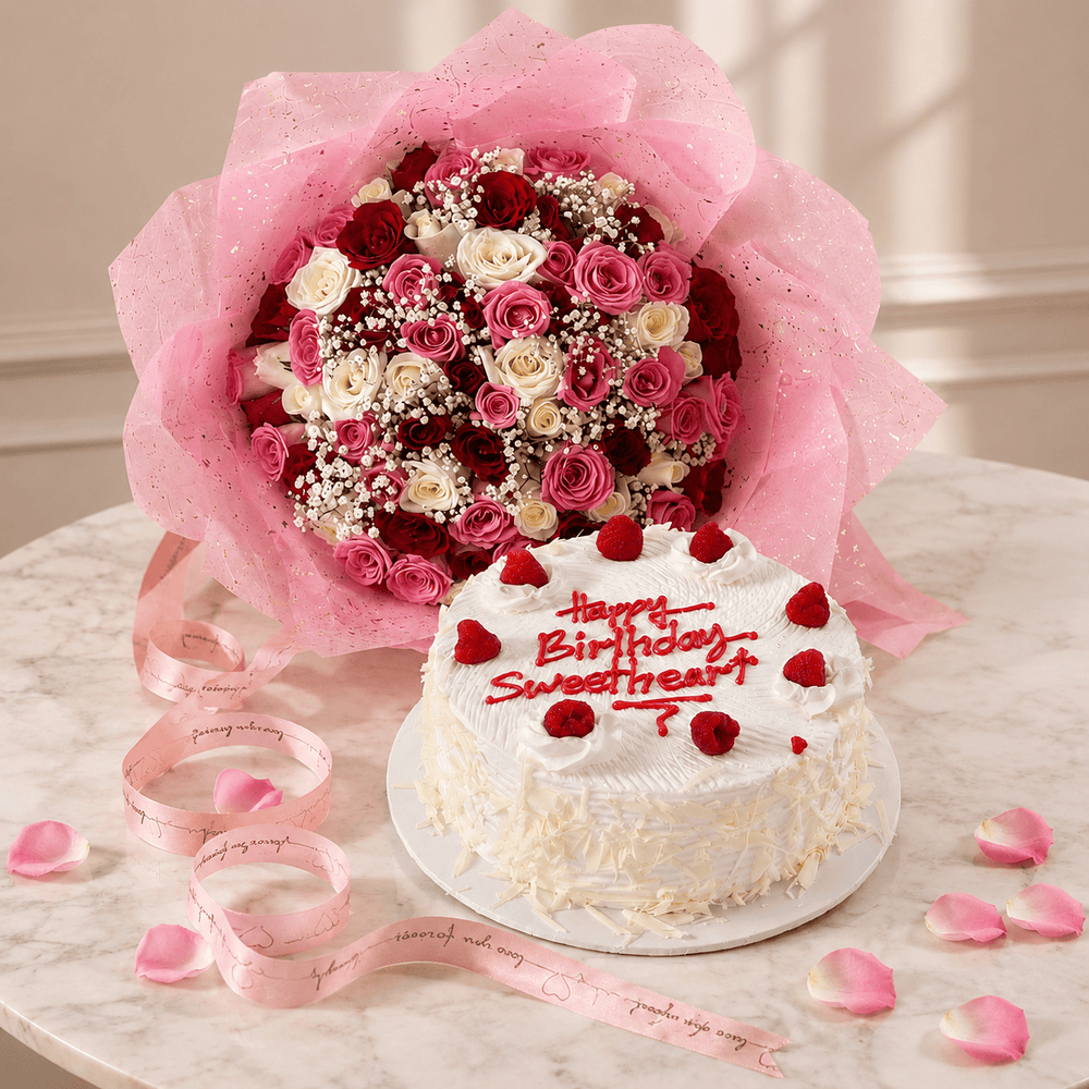 Pastel Blooms – Mixed Red, Pink & White Roses & Vanilla Cake