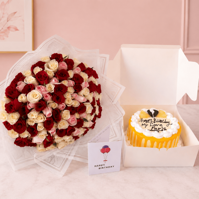 Pink Romance – 90 Mixed Roses, Birthday Card & Pinacolada Cake
