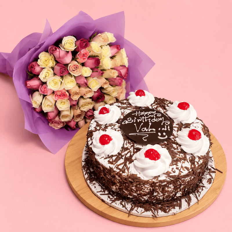 Purple Passion – 70 Purple & Pink Roses & 2kg Black Forest Cake
