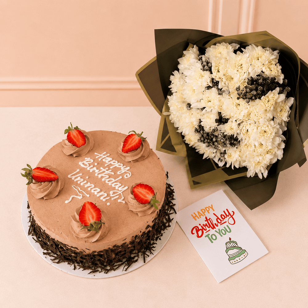 White Mums, Birthday Card & Chocolate Cake